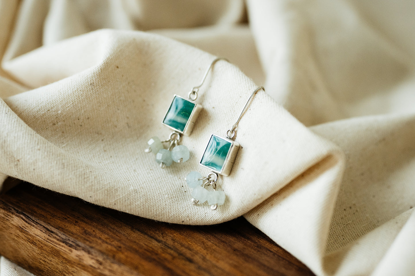 Opalised Wood & Aquamarine Earrings