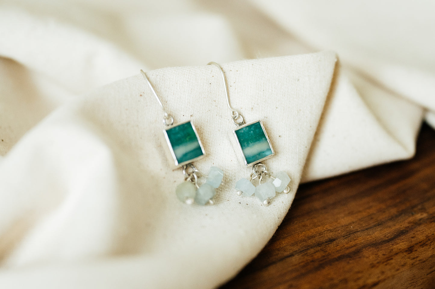 Opalised Wood & Aquamarine Earrings